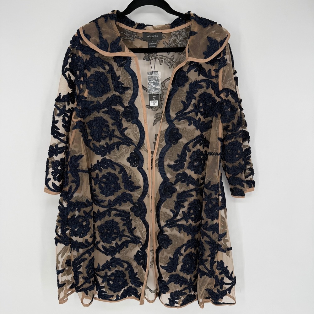 GRACIA TULLE MESH EMBROIDERED KIMONO MEDIUM NWT OFFICE CHURCH LUXURY BOHO CHIC